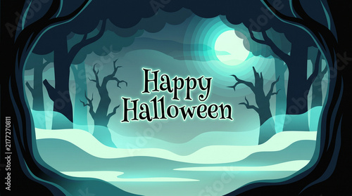 Happy Halloween Text In Spooky Green Forest With Bright Moon