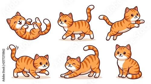 Cute and playful cartoon red tabby cat vector illustrations showing various poses and activities