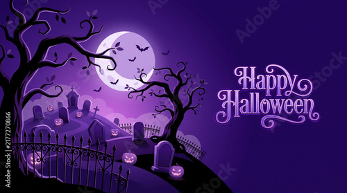Purple Happy Halloween Cemetery With Glowing Pumpkins And Iron Fence