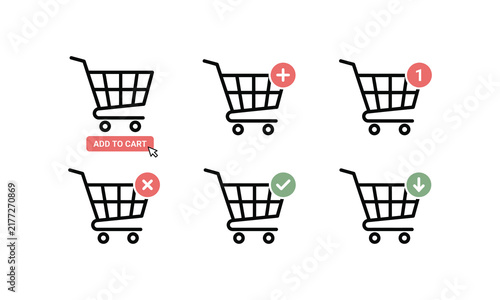 Shopping cart icons with add to cart button and status indicators