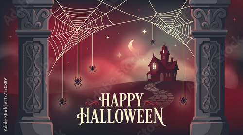 Happy Halloween Haunted House Stone Pillars Spiderwebs And Hanging Spiders