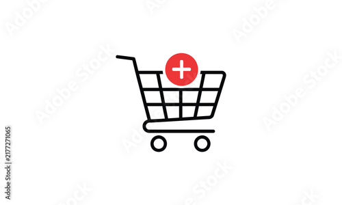 Shopping cart icon with plus sign on red circle line style