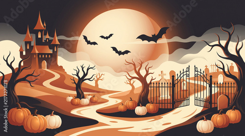 Spooky Halloween Castle Cemetery Gates And Pumpkins Landscape At Night
