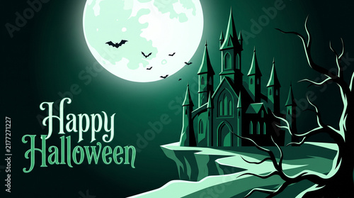 Green Happy Halloween Spooky Castle On Cliff Under Full Moon