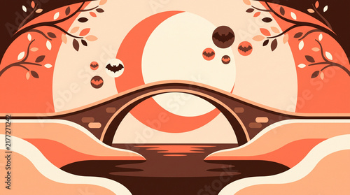 Minimalist Orange Halloween Bridge Over River With Big Crescent Moon