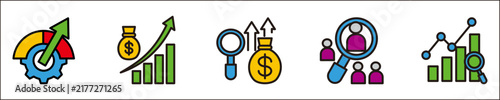 A collection of banner icons themed around business and finance growth, featuring concepts such as strategy, increased investment, market analysis, and corporate performance development.