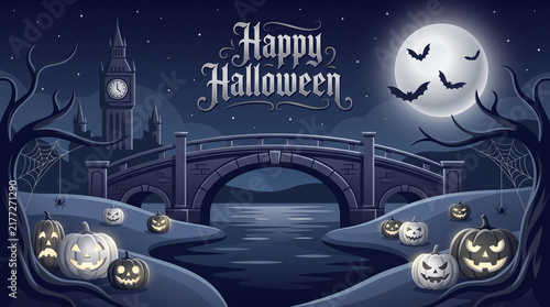 Happy Halloween Spooky Bridge Clock Tower And Glowing Pumpkins Night