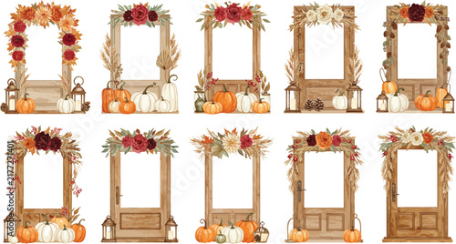 A collection of ten decorative vertical frames featuring rustic wooden doors adorned with colorful autumn leaves and various seasonal pumpkins