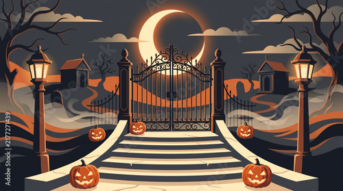 Spooky Cemetery Iron Gates With Glowing Pumpkins And Crescent Moon