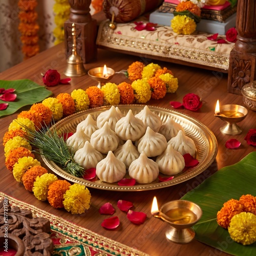 Traditional steamed modak served on a golden brass plate with marigold garlands, oil lamps, and rose petals for the Ganesh Chaturthi festival celebration.
