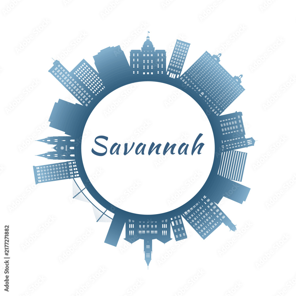 Obraz premium Savannah skyline with colorful buildings. Circular style. Stock vector illustration.