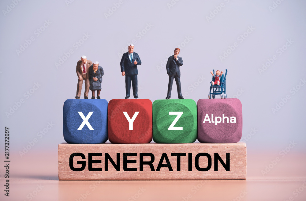Obraz premium Generation X Y Z and Alpha concept showing different age groups and demographic diversity across generations for workforce analysis, consumer research, social trends and generational change.