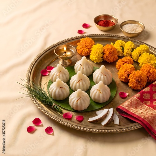 Traditional sweet steamed modak dumplings served on a brass plate with marigold flowers and oil lamp for Ganesh Chaturthi festival celebration in India.
