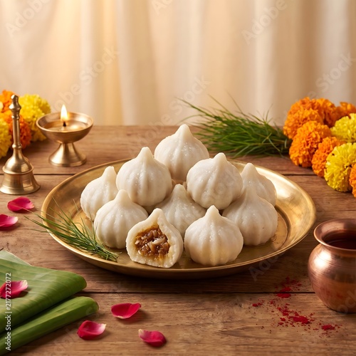 Traditional steamed rice flour modaks served on a golden plate with sweet jaggery filling for Ganesh Chaturthi festival celebration in a divine atmosphere.
