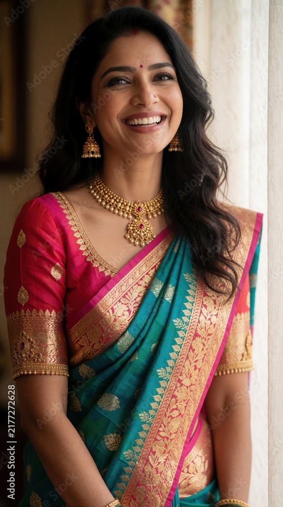 Fototapeta premium Beautiful Indian woman smiles joyfully, dressed in traditional teal and pink saree with gold jewelry. Her radiant charm and ethnic attire express pure happiness and cultural elegance.