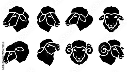 Sheep face and horned sheep head silhouette icon set
