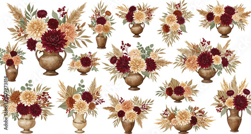 Set of beautiful watercolor floral arrangements in golden vases featuring deep burgundy flowers and dried pampas grass on white background