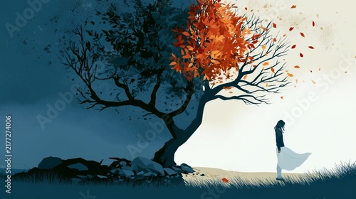 Visual journey from trauma to healing showing struggle and resilience through changing seasons