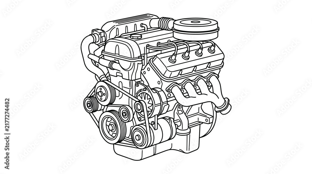 Fototapeta premium A detailed line art illustration of an internal combustion car engine.