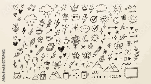 Assorted collection of cute handdrawn doodle icons and symbols