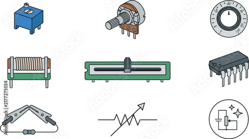 Fotografie Electronic Component Vector Icon Set Featuring Potentiometer Slider Fader Microc