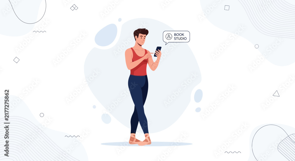 Obraz premium Young Male Dancer Using Mobile App to Book Dance Studio Class, Modern Illustration