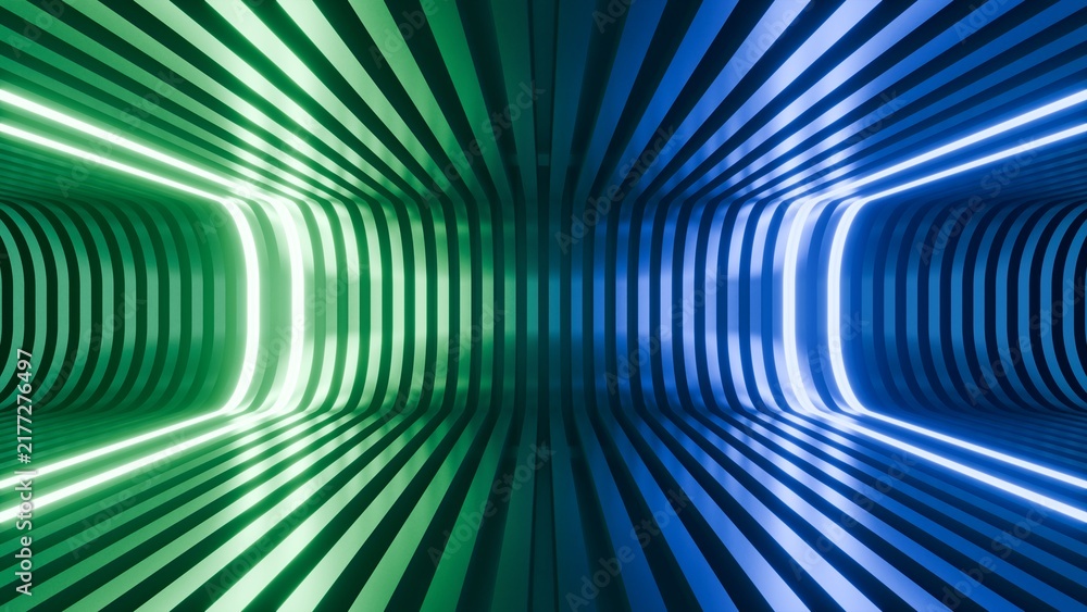 Fototapeta premium Futuristic 3D tunnel background with green blue neon lights, ideal for tech banners, sci-fi concepts, abstract stages, and modern gaming displays