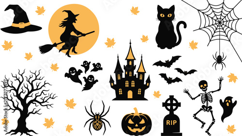 Halloween spooky silhouette elements vector collection with haunted castle, pumpkin, and witch hat