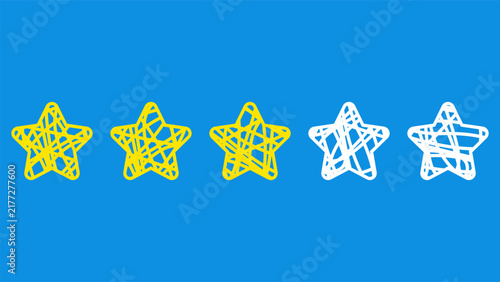 A row of five hand-drawn scribble stars, three colored yellow and two left white, sits on a blue background, doodle sketch style illustration, representing a customer rating concept.