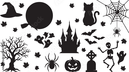 Scary Halloween vector design elements with haunted tree, skeleton, and spooky icons collection
