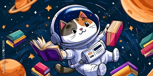 Cute cartoon cat astronaut floating in space, reading a book surrounded by colorful planets and stars, whimsical and playful illustration.