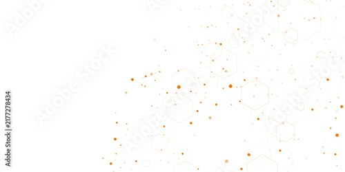 Abstract hexagonal network pattern with orange dots on white background design.