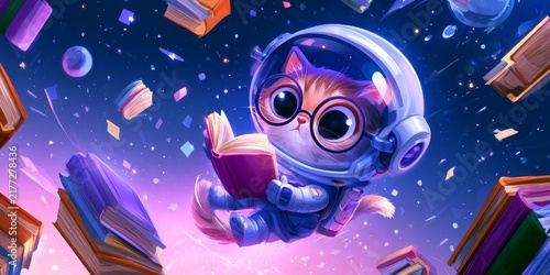 Cute cartoon cat astronaut in space, wearing glasses and reading a book, surrounded by floating books and stars, vibrant cosmic background.