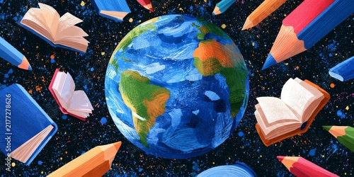 Vibrant illustration of Earth surrounded by colorful pencils and open books against a starry cosmic background, symbolizing global education and creativity.