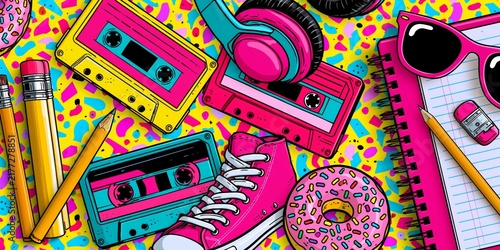 Vibrant retro-style flat lay featuring colorful cassette tapes, headphones, sneakers, donuts, pencils, and notebooks on a psychedelic patterned background.