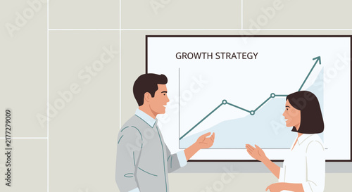 Business professionals discussing growth strategy with charts.