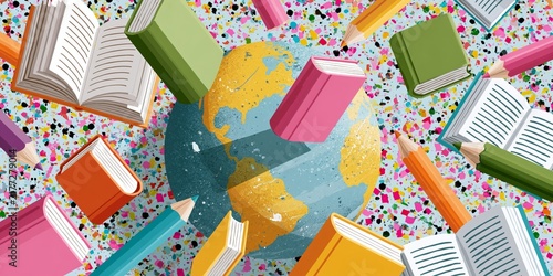 Colorful books and pencils surround a vibrant globe on a confetti background, symbolizing global education, creativity, and learning.