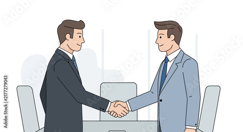 Business professionals shaking hands during a meeting discussion.