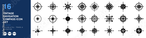 Vintage Navigation Compass Icon Set, Outline and Fill Designs. Nautical Travel Symbols
