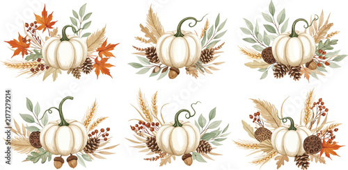 Set of six watercolor autumn pumpkin arrangements with dried leaves pine cones and wheat stalks isolated on a white background