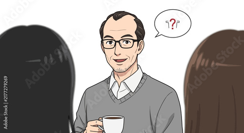 Confused businessman in glasses holding documents and scratching head.