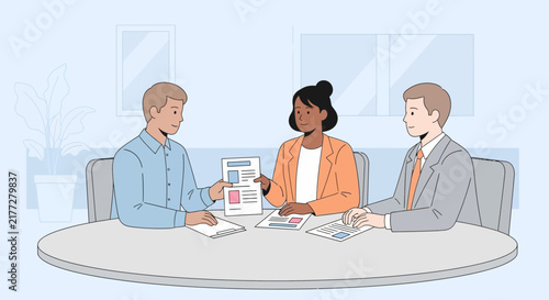 Three professionals collaborating around a table with documents.