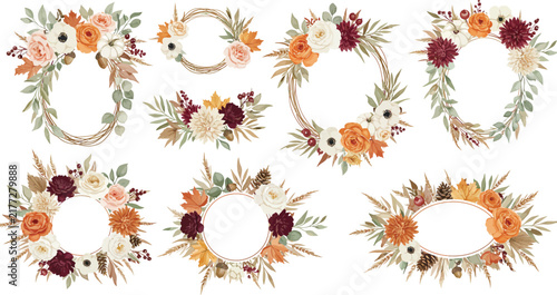 Set of beautiful watercolor floral wreaths with autumn leaves and flowers isolated on white background for wedding invitation card design