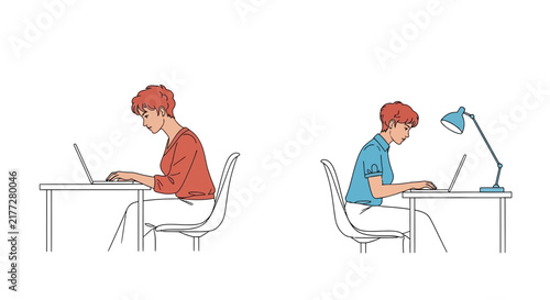 Woman working on laptop in home office setting.
