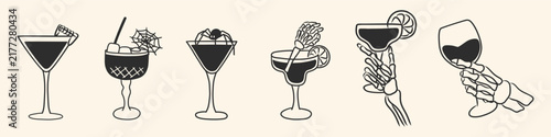 Halloween cocktail doodle clipart. Hand drawn spooky drink with garnishes, spider webs and skeleton hands. Vector illustration