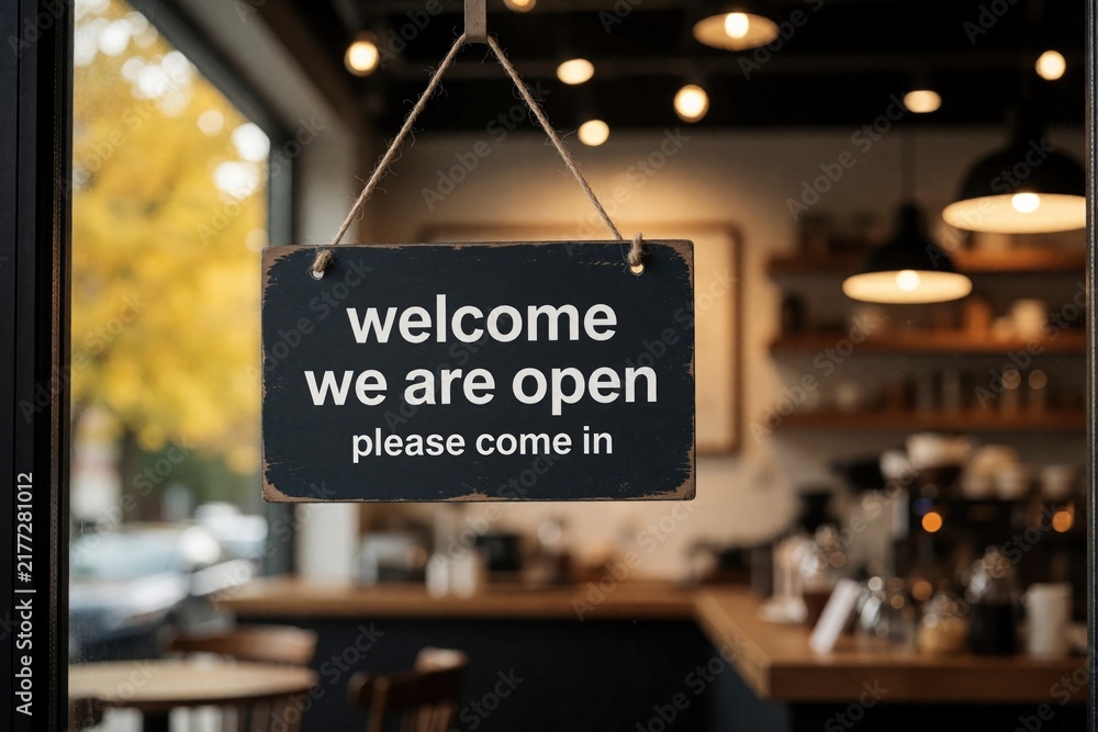 Obraz premium Hanging black welcome open sign on cafe door. Welcome we are open please come in text. Blurred interior restaurant, coffee shop warm lighting.