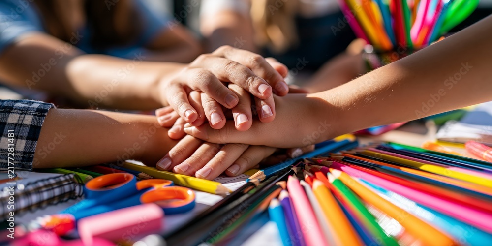 Fototapeta premium Children's hands stacked together in unity, surrounded by colorful art supplies like pencils and scissors, symbolizing teamwork and creativity in a bright, cheerful setting.