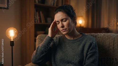 Horizontal photo of an exhausted woman sitting in an armchair at home and massaging her temples due to headache