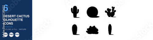Desert Cactus Silhouettes Icons, Outline and Fill Design. Nature Themed Vector Graphics