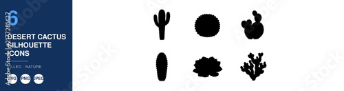 Desert Cactus Silhouettes Icons Set, Filled Nature Design, Minimalist Vector Graphics, Botanical Illustration